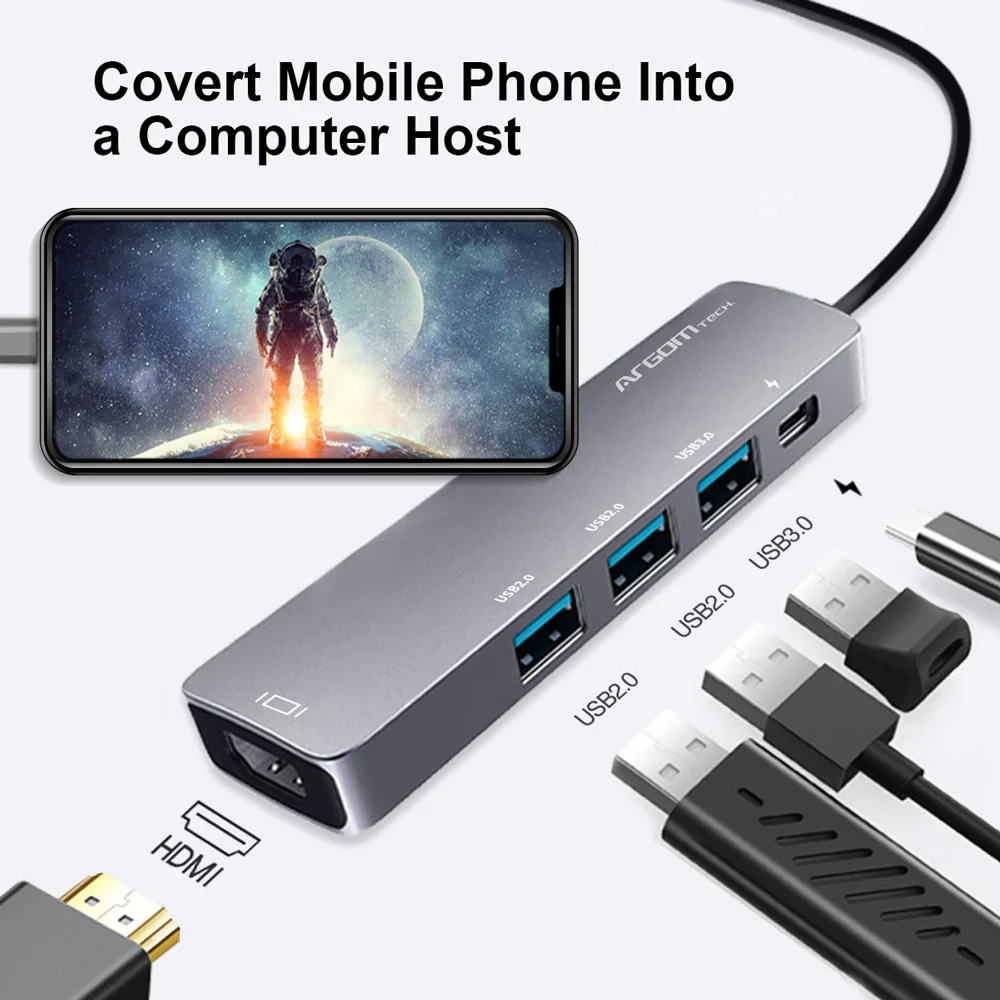 Hub Argom 5 en 1 tipo C One Axess HDMI/2XUSB2.0/1XUSB3.0/TYPE-C PD - Imagen 4