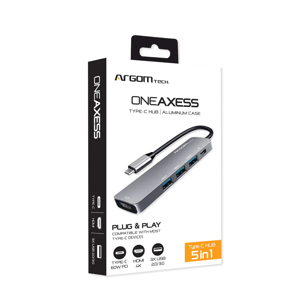 Hub Argom 5 en 1 tipo C One Axess HDMI/2XUSB2.0/1XUSB3.0/TYPE-C PD - Imagen 5